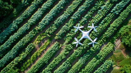 Wall Mural - An aerial view of an autonomous drone flying over a lush vegetable farm collecting data on crop health and growth patterns.
