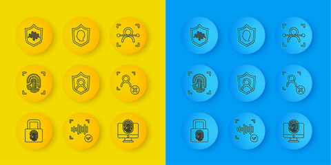 Poster - Set line Fingerprint with lock, User protection, Monitor fingerprint, Rejection face recognition, Shield voice, Face and icon. Vector