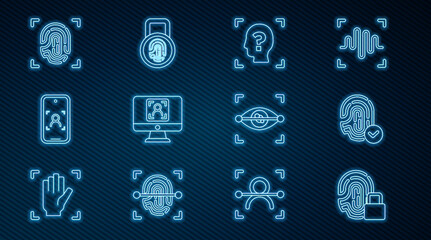 Poster - set line fingerprint with lock, face recognition, mobile and face, eye scan and icon. vector
