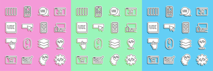 Poster - set line front end development, monitor and mobile, ui ux design, color palette guide and icon. vect