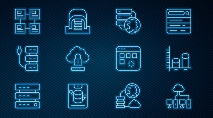 Poster - Set line Computer network, Data analysis, Network cloud connection, Cloud computing lock, Server, Hierarchy organogram chart, Loading data window and Hangar with servers icon. Vector