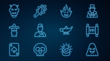 Sticker - Set line Ghost, Magic scroll, Fire flame, Wizard warlock, Mask of the devil with horns, lamp Aladdin and hand mirror icon. Vector