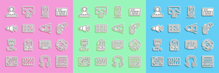 Poster - Set line Drum machine, Vinyl disk, Stereo speaker, Speaker volume, DJ playing music and Movie spotlight icon. Vector