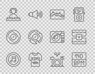 Poster - Set line Music note, tone, Bitrate, wave equalizer, T-shirt, DJ playing music, Vinyl disk, Drums and icon. Vector