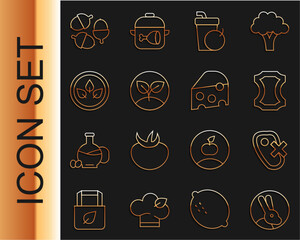 Wall Mural - Set line Rabbit, No meat, Leather, Fresh smoothie, Sprout, Vegan food diet, Acorn and Cheese icon. Vector