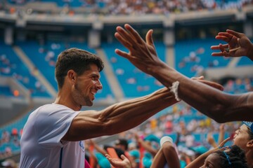 Tennis Player High-Fiving Young Fans at Olympic Stadium in Heartwarming Celebration