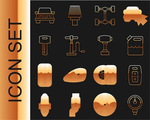 Poster - Set line Tire pressure gauge, Car key with remote, Canister for gasoline, Chassis car, air pump, and Gear shifter icon. Vector