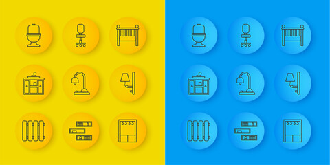 Poster - Set line Heating radiator, Washbasin cabinet with tap, Table lamp, Wardrobe, Wall sconce, Toilet bowl, Baby crib cradle bed and Office chair icon. Vector