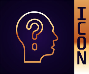 Fototapete - Gold line Human head with question mark icon isolated on black background. Vector