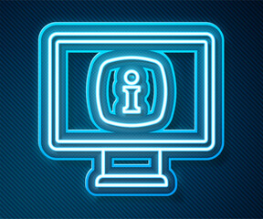 Poster - glowing neon line monitor with information icon isolated on blue background. vector
