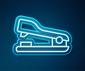 Poster - Glowing neon line Office stapler icon isolated on blue background. Stapler, staple, paper, cardboard, office equipment. Vector
