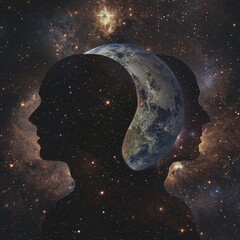 Silhouette of the back and head of a man, dark background with stars in space and a galaxy with planets and moon.