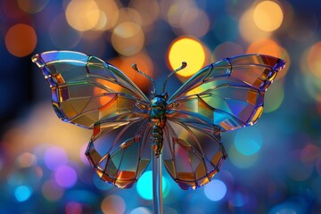 Poster - Colorful, translucent glass butterfly sculpture against a vibrant bokeh light backdrop