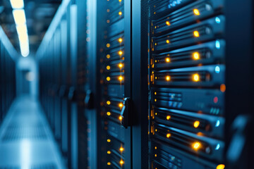 Poster - Modern data center with glowing servers in neatly organized racks. Advanced technology infrastructure for cloud computing, storage, and network management.