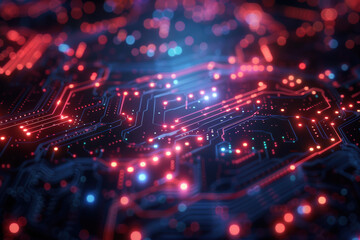 Poster - Vibrant close-up of a futuristic circuit board with glowing neon lights and intricate connections, representing advanced technology and innovation.