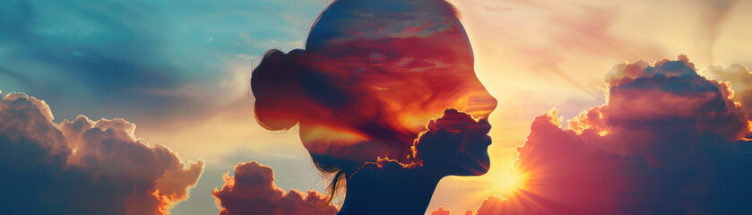 Double exposure of a female silhouette with vibrant clouds and sunset sky, symbolizing dreams, creativity, and introspection.