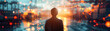 © tonstock - Man standing against a cityscape with glowing abstract technology elements, signifying innovation, future, and connection at dusk.