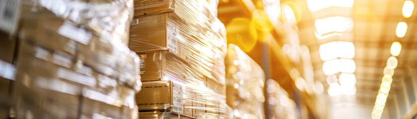 Poster - A warehouse scene with neatly stacked packages on shelves, bathed in warm sunlight. Perfect representation of storage, logistics, and supply chain management.