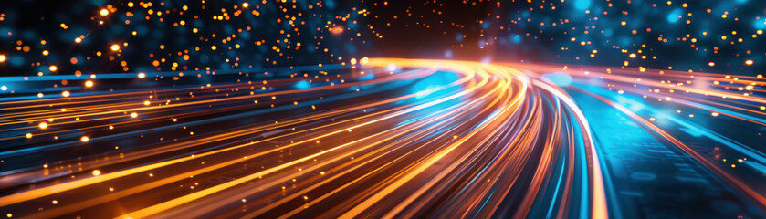 Poster - A vibrant, abstract representation of digital data highways in bright neon colors illustrating the dynamic flow of information and technology.