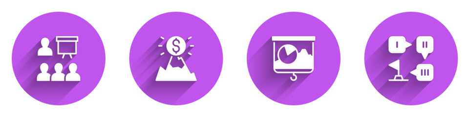 Poster - Set Training, presentation, Mountains with flag, Chalkboard chart and Planning strategy icon with long shadow. Vector