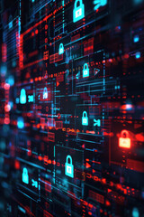 Aufkleber - A futuristic digital interface with red and blue padlock icons representing cybersecurity, data protection, and information security.