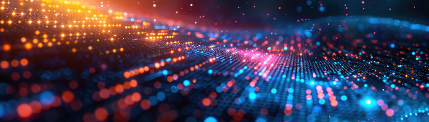 Poster - Abstract digital landscape with vibrant multicolored dots forming a futuristic and dynamic array of lights, representing technology and data visualization.