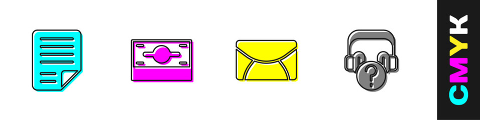 Poster - Set File document, Stacks paper money cash, Mail and e-mail and Headphones with question icon. Vector