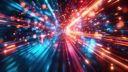 Poster - Vibrant abstract light trails creating a dynamic and colorful effect with a mix of blue, pink, and orange hues in a futuristic digital background.