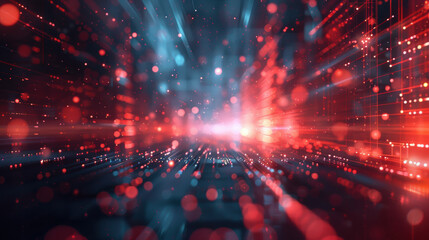 Poster - Abstract futuristic red and blue light trails and particles, resembling data flow and digital technology, perfect for backgrounds and technology themes.
