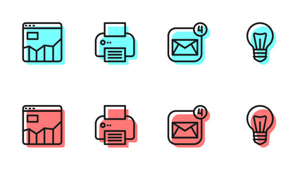 Poster - Set line Envelope, Graph chart infographic, Printer and Light bulb icon. Vector