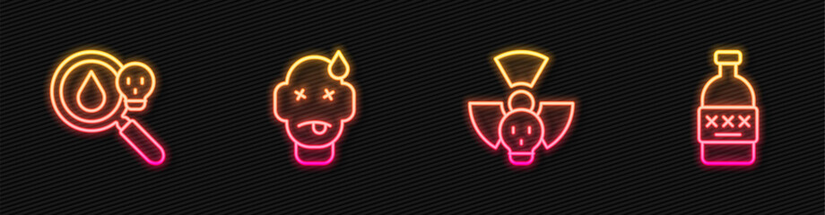 Set line Radioactive, Poison magnifying glass, Man poisoning and Poisoned alcohol. Glowing neon icon. Vector