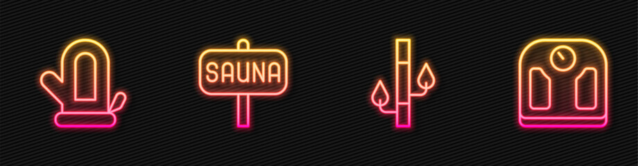 Wall Mural - Set line Bamboo, Sauna mitten, and Bathroom scales. Glowing neon icon. Vector