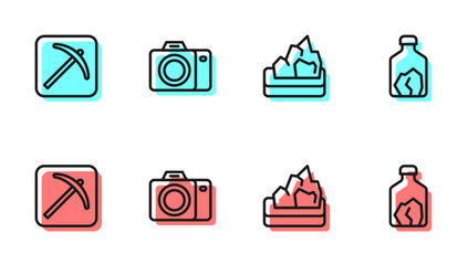 Poster - Set line Ore mining, Pickaxe, Photo camera and icon. Vector