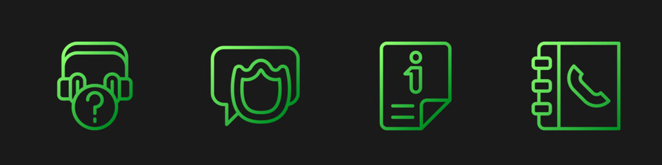 Poster - Set line Information, Headphones with question, Speech bubble chat and Phone book. Gradient color icons. Vector