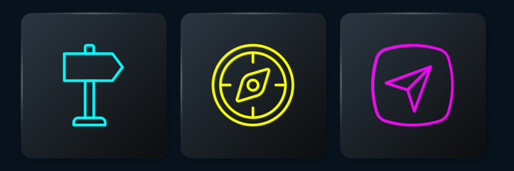 Poster - Set line Road traffic sign, City map navigation and Compass. Black square button. Vector