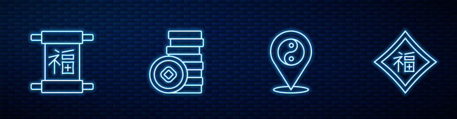 Poster - Set line Yin Yang symbol, Chinese New Year, Yuan currency and . Glowing neon icon on brick wall. Vector