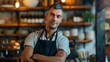 © Miljan Živković - Male chef adult caucasian with an apron stan in front restaurant