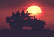 © Nicat - An army patrol vehicle silhouetted at sunset. War concept. Soldiers in an armored car prepared for action. Generated by AI.