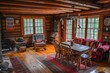 © anatolir - Inviting log cabin interior featuring a dining area, stone fireplace, and vintage decorations