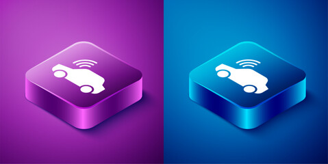 Poster - Isometric Smart car system with wireless connection icon isolated on blue and purple background. Remote car control. Square button. Vector