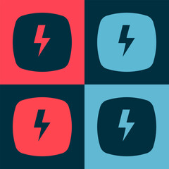 Sticker - Pop art Lightning bolt icon isolated on color background. Flash sign. Charge flash icon. Thunder bolt. Lighting strike. Vector