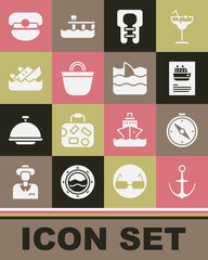 Poster - Set Anchor, Compass, Cruise ship, Life jacket, Beach bag, Sinking cruise, Captain hat and Shark fin ocean wave icon. Vector