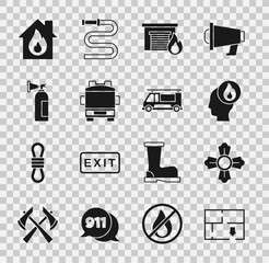 Poster - Set Evacuation plan, Firefighter, in burning garage, truck, extinguisher, house and icon. Vector