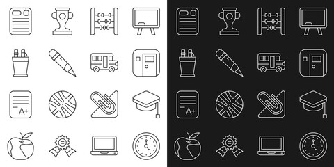 Poster - Set line Clock, Graduation cap, School classroom, Abacus, Pencil with eraser, case stationery, Dossier folder and Bus icon. Vector