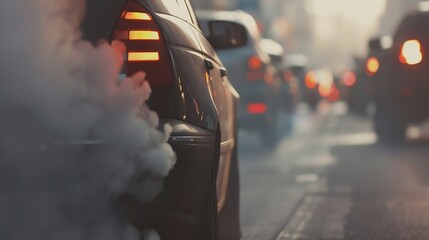 Close-up of a car emitting exhaust smoke in heavy urban traffic, highlighting pollution and environmental concerns.