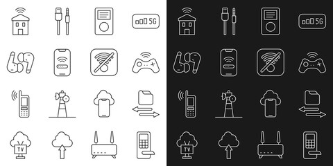 Sticker - Set line Digital door lock, Transfer files, Wireless gamepad, Music player, Mobile with wi-fi wireless, Air headphones, Smart home and No Wi-Fi internet icon. Vector