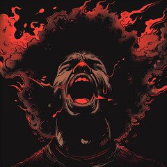 Digital art depicting a person screaming with fiery, abstract effects in vibrant red and black tones.