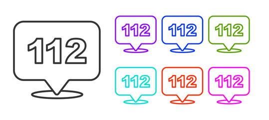Poster - Black line Telephone with emergency call 112 icon isolated on white background. Police, ambulance, fire department, call, phone. Set icons colorful. Vector