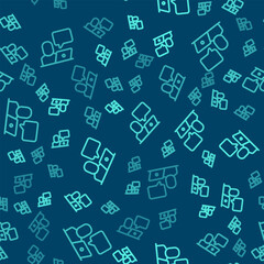 Poster - Green line Freelancer icon isolated seamless pattern on blue background. Freelancer man working on laptop at his house. Online working, distant job concept. Vector