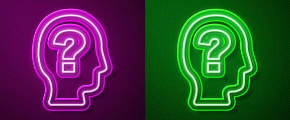 Poster - Glowing neon line Worker icon isolated on purple and green background. Business avatar symbol user profile icon. Male user sign. Vector